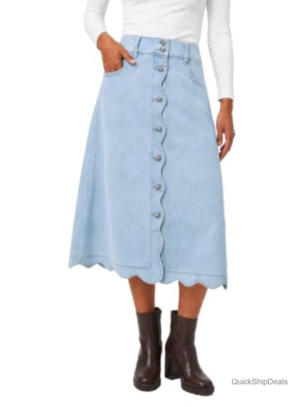 Womens High Rise A-Line Denim Midi Skirt Button Front Scalloped Hem